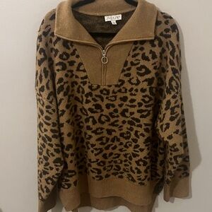 She + Sky Leopard Print Tan Zip Up Sweater Pullover